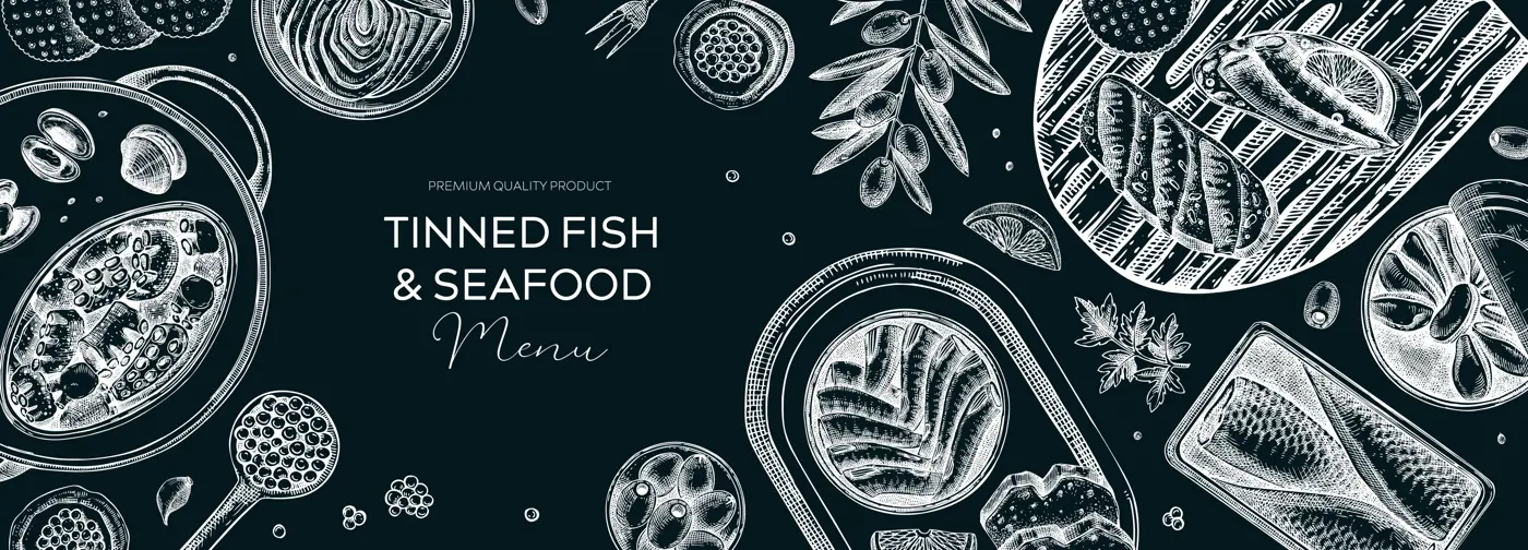 Tinned fish board design. Hand drawn seafood background in sketch style. Canned fish and shellfish isolated on chalkboard. Sardines, caviar, mackerel, tuna, mussels, olives, lemons banner template Illustration